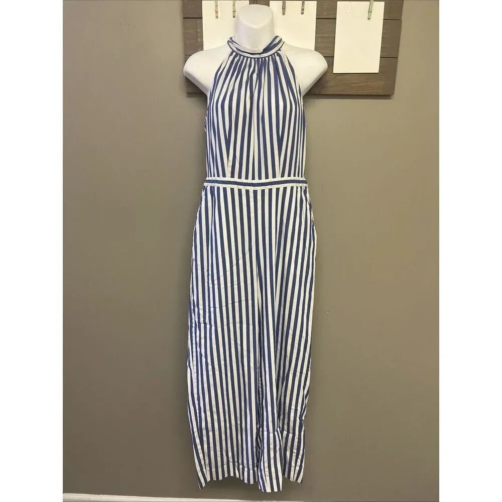 J.Crew Light Blue White Vertical Striped Halter Coastal Lined Jumpsuit Size 4